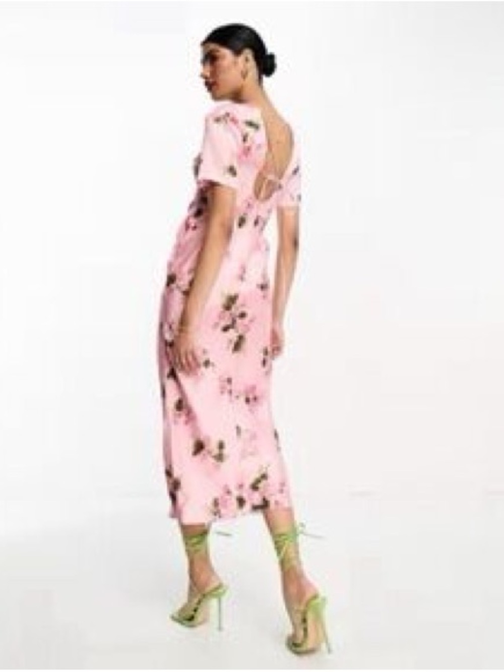 NWT ASOS Design Pink Floral Midi Dress Short Sleeves Back Lace Up Cutout Size 10